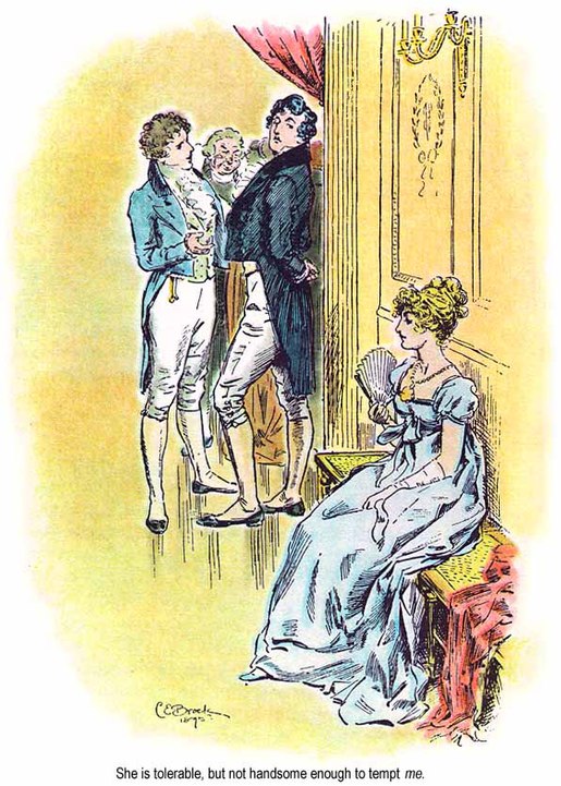 Illustration of Mr. Darcy saying Elizabeth is "not handsome enough to tempt me" to dance. (Artist: C.E. Brock, 1895)