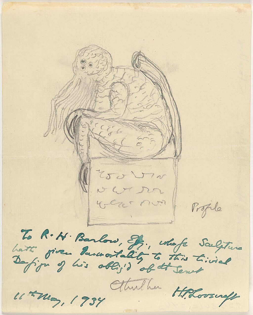 Hand-drawn sketch of Cthulhu, by H. P. Lovecraft, on a piece of paper with text
