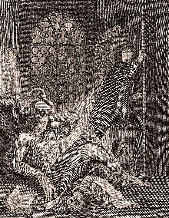 Victor Frankenstein disgusted at his creation. Illustration from the 1831 edition published by Colburn and Bentley, London 1831.