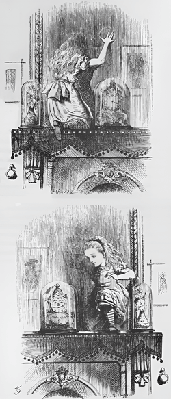 Young girl in Victorian dress going through a large mirror and out the other side
