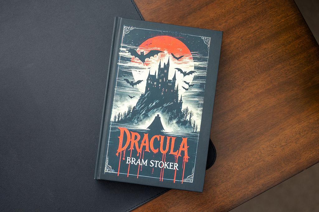Book titled 'Dracula' by Bram Stoker on a wooden surface