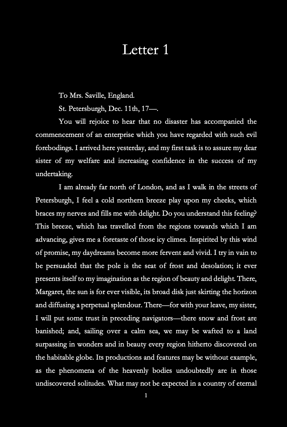 screenshot of page 1 of Frankenstein by Dark Edition Books