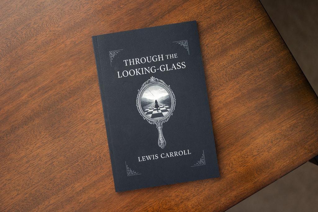 Book titled 'Through the Looking-Glass' by Lewis Carroll on a wooden surface
