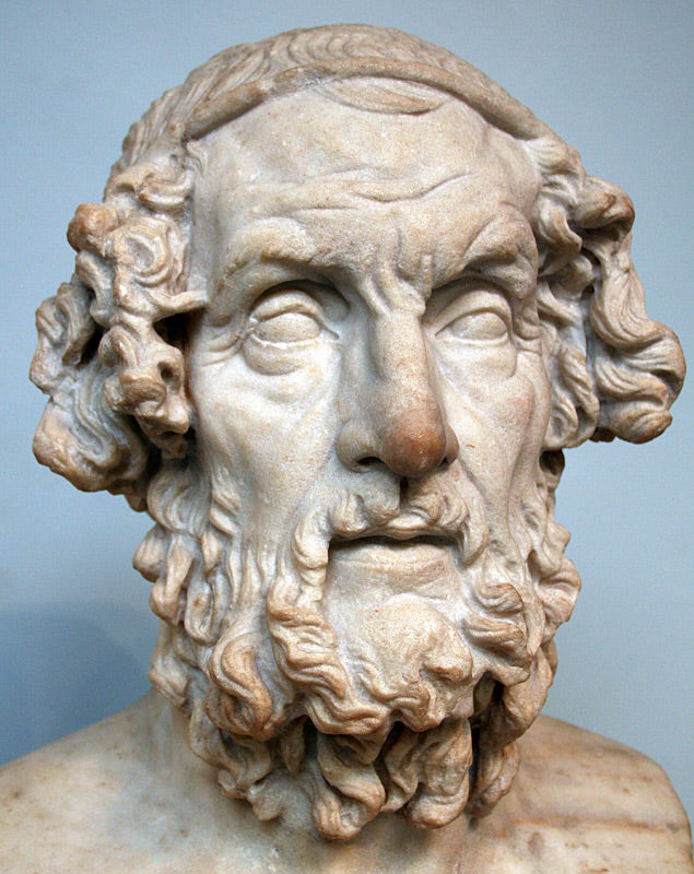 Marble bust of a bearded man with a laurel wreath on a light blue background