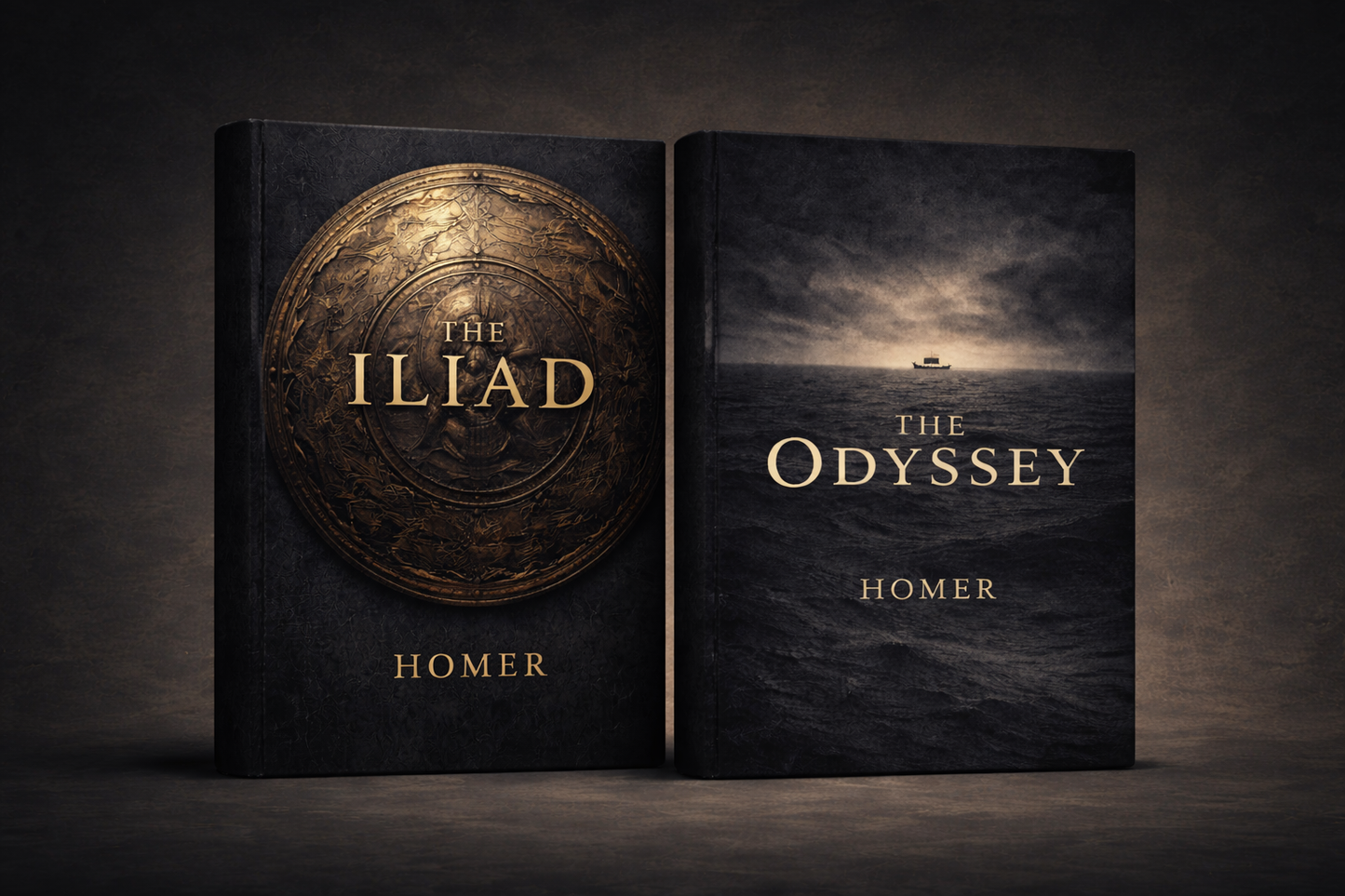 Two books titled 'The Iliad' and 'The Odyssey' by Homer on a dark background.