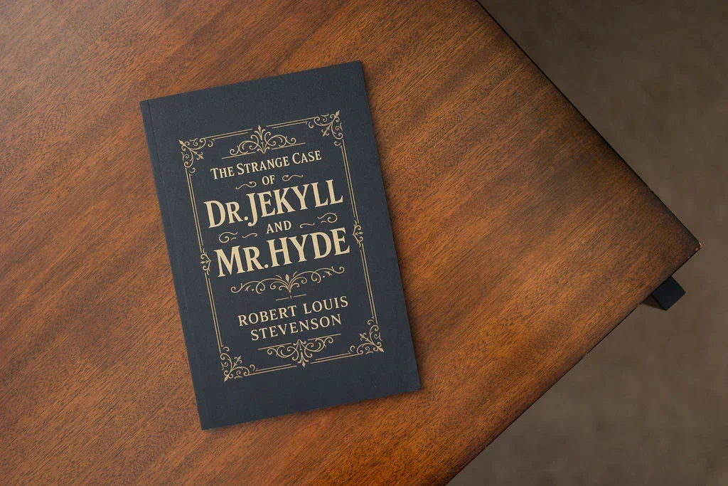 Book titled 'The Strange Case of Dr. Jekyll and Mr. Hyde' by Robert Louis Stevenson on a wooden surface.