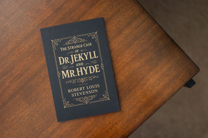 Book titled 'The Strange Case of Dr. Jekyll and Mr. Hyde' by Robert Louis Stevenson on a wooden surface.