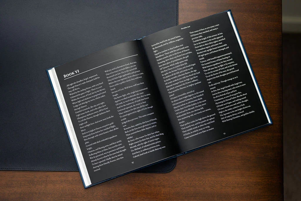 Open book with text on a wooden surface