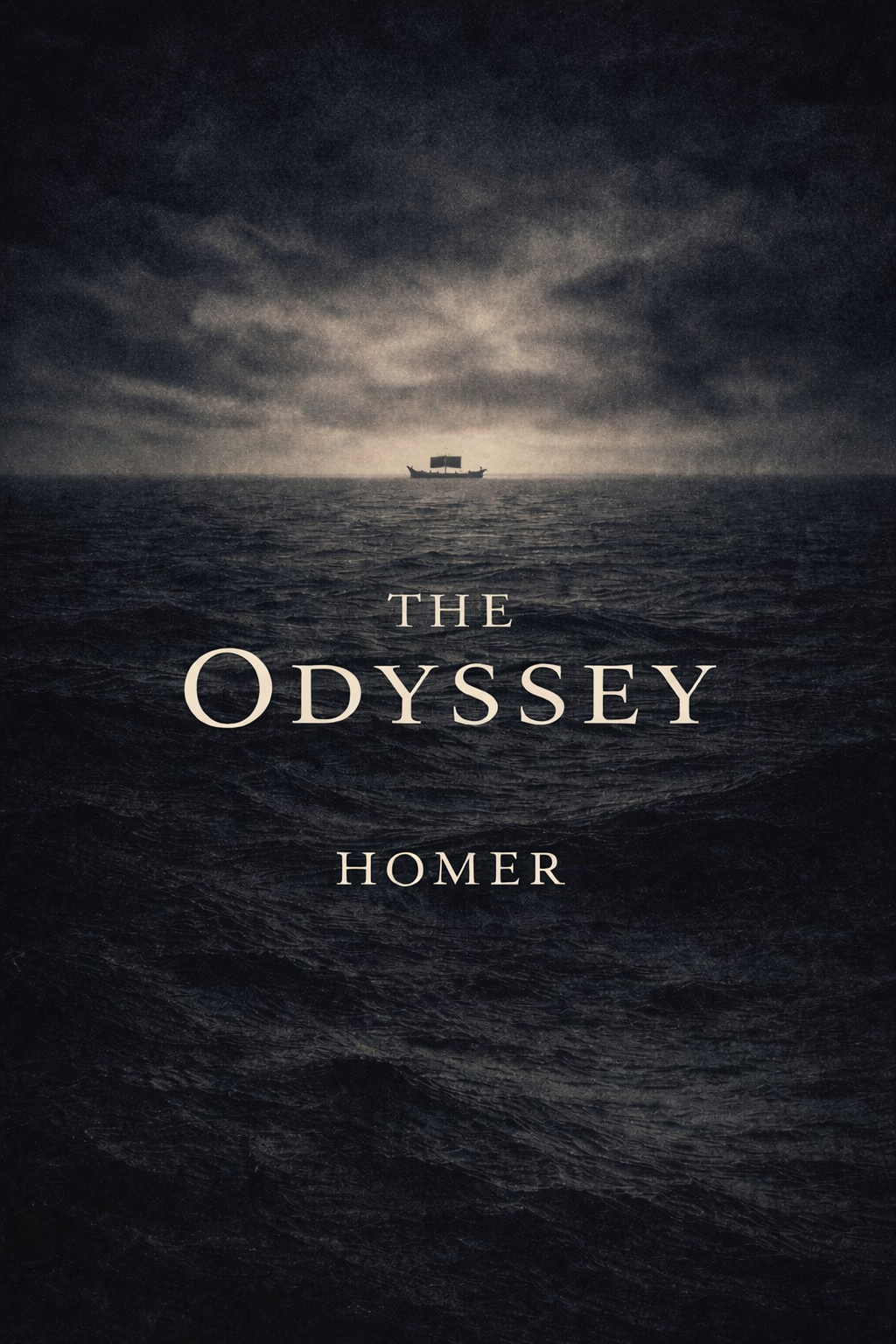 Book cover of 'The Odyssey' by Homer with a ship on a stormy sea.