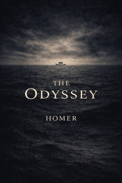 Book cover of 'The Odyssey' by Homer with a ship on a stormy sea.