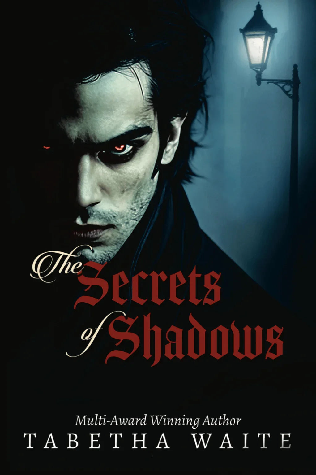 Book cover of 'The Secrets of Shadows' with a dark theme and a character with red eyes.