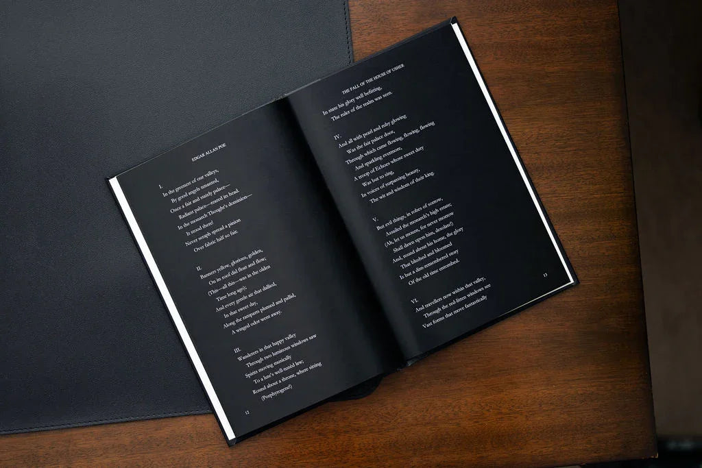 Open book with text on a wooden surface