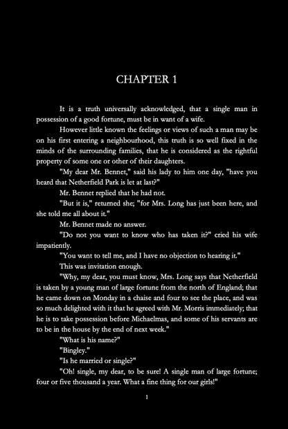 Interior page of 'Pride and Prejudice' Dark Edition Book showing white text on black page