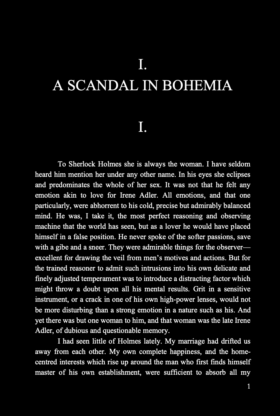 Interior page of 'The Adventures of Sherlock Holmes' Dark Edition Book showing white text on black page