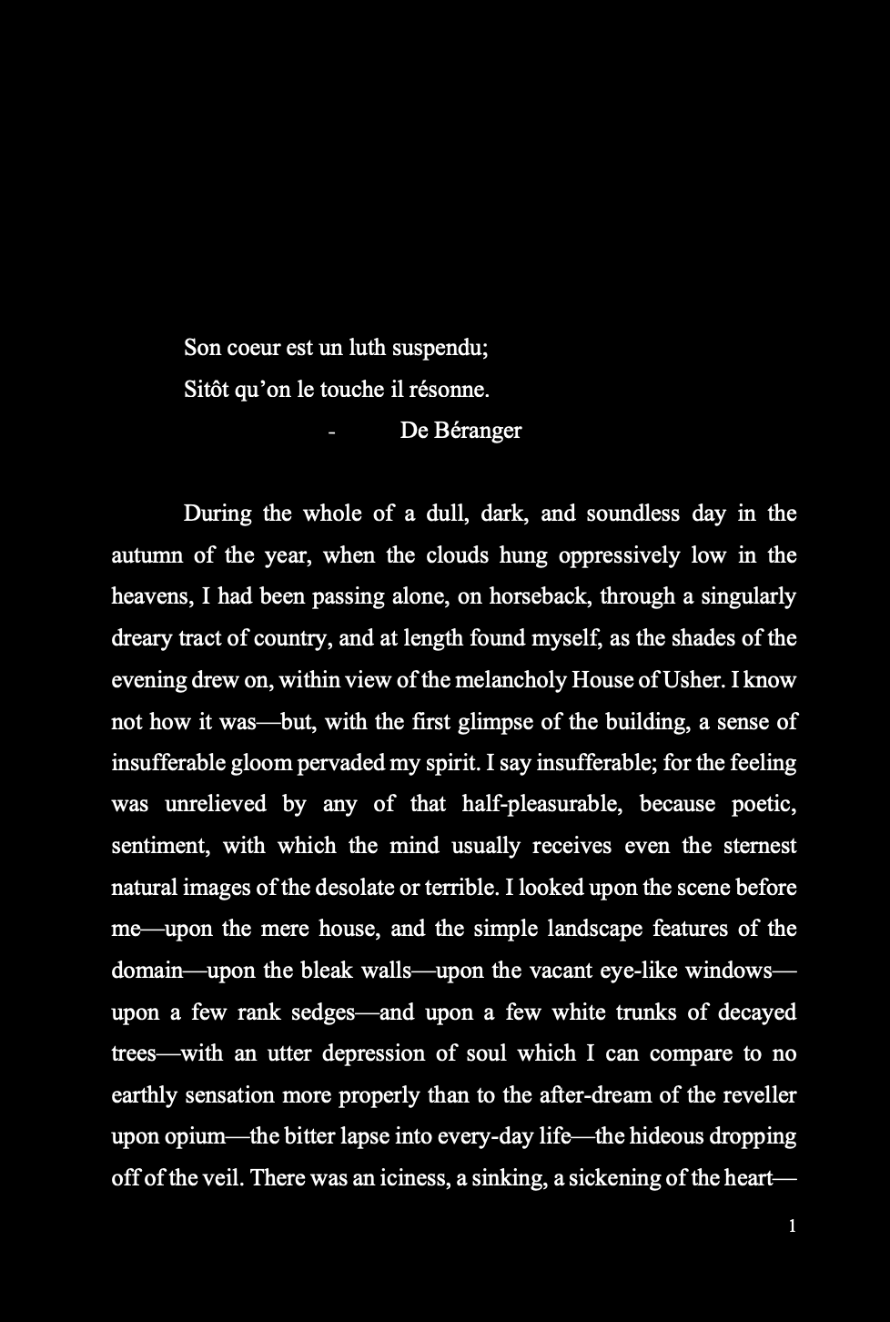 Interior page of 'The Fall of the House of Usher' Dark Edition Book showing white text on black page